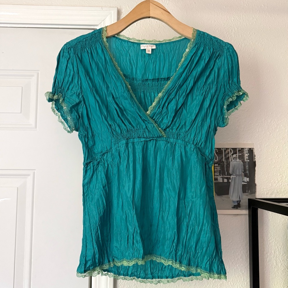 PHASE EIGHT green teal wrinkle crinkle pleated sequin silk surplice puff‎ blouse